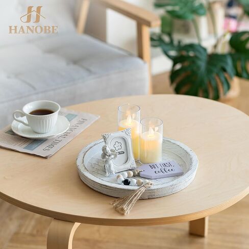 Hanobe Candle Holder Tray Decor: Round Black Coffee Table Decorative Tray for Home Decor - Farmhouse Wood Plate Circle Display for Living Room Kitchen Centerpiece in Kuwait