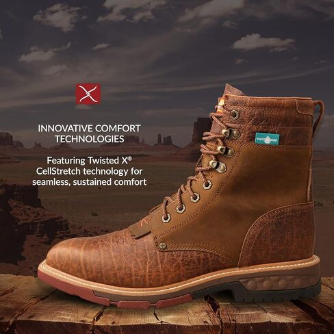 Twisted X Men's 8" CellStretch Lacer, Square Toe Alloy Toe with CellStretch, Distressed Saddle & Cognac, 8 D in Saudi Arabia