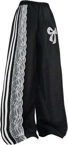 Verdusa Girl's Bow Side Striped Lace Baggy Sweatpants Elastic Waist Cute Wide Leg Loose Long Pants in Saudi Arabia
