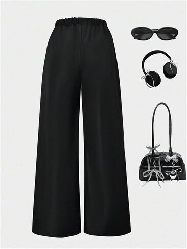 Verdusa Girl's Bow Side Striped Lace Baggy Sweatpants Elastic Waist Cute Wide Leg Loose Long Pants in Saudi Arabia