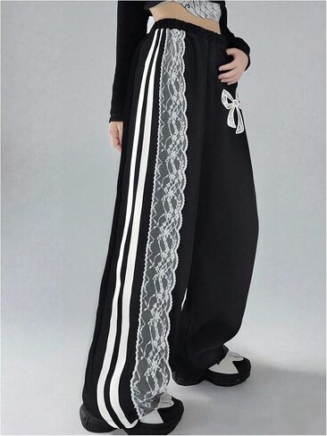 Verdusa Girl's Bow Side Striped Lace Baggy Sweatpants Elastic Waist Cute Wide Leg Loose Long Pants in Saudi Arabia