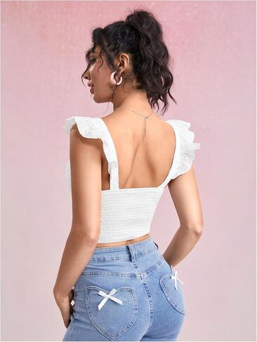 قميص بدون أكمام نسائي من MakeMeChic برباط مكشكش ومكشكش بدون أكمام ومطرز بفتحات علوية in Saudi Arabia