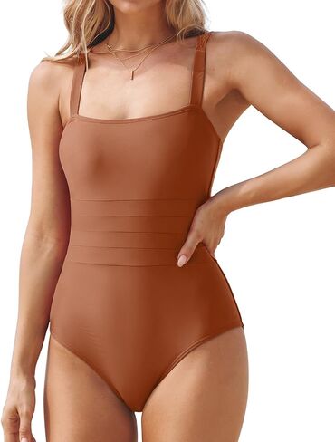 One Piece Swimsuit Women Tummy Control Square Neck Bathing Suit Color Block Adjustable Straps Swimwear in Saudi Arabia
