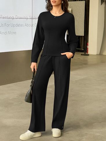 Yousify Womens Trendy Sweatsuits Crewneck Sweatshirts 2 Piece Outfits Seam Wide Leg Pants Lounge Sets in Saudi Arabia