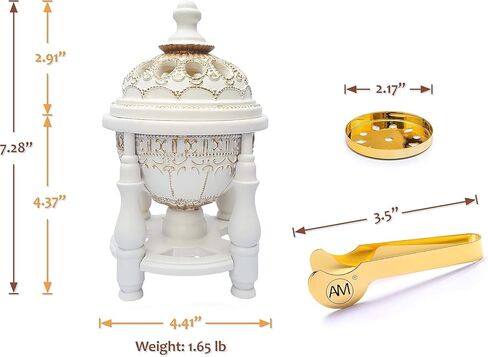 AM Charcoal Incense Burner - Bakhoor Burner, Oud Frankincense Resin Burner for Office & Home Decor - Lavish 4 Pillar (White) in Kuwait