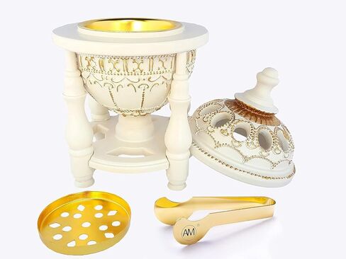AM Charcoal Incense Burner - Bakhoor Burner, Oud Frankincense Resin Burner for Office & Home Decor - Lavish 4 Pillar (White) in Kuwait