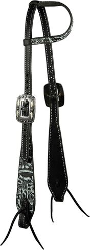 Professional's Choice Swell Cheek Paisley Headstall |Black Latigo Leather with a Black and White Paisley Overlay | Black lace tie at The bit | Available in One-Ear and Browband in Saudi Arabia