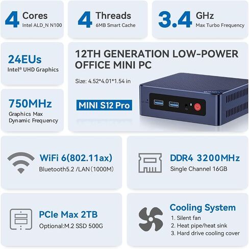 Beelink Mini PC ، Mini S12 Pro Intel 12th N100 (تصل إلى 3.4 جيجا هرتز) ، 16 جيجابايت DDR4 500GB M.2 SSD ، تدعم أجهزة الكمبيوتر المكتبية 4K Dust HDMI/WIFI6/BT5.2/USB3.2/1000MBPS LAN/WOL HOME/OFFICE in Kuwait