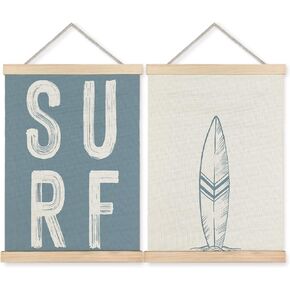 BearCake Surf Room Decor, Coastal Beach Surf Wall Art Poster Hanger Frame, Beach House Decor, Vintage Blue Surfboard Canvas Prints Framed Wall Decor for Home Bedroom Living Room, 12x16 Inch Set of 2 in Kuwait