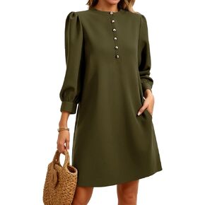 Wenrine Womens 3/4 Puff Sleeve Mini Dress Button Button Crewneck Elegant Disual Business Shift Dresses 2025 in Saudi Arabia