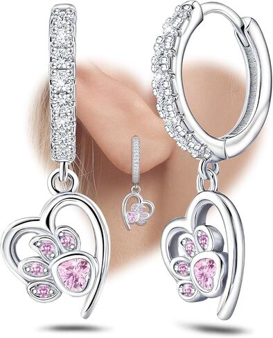 Gold Heart Print Earrings for Women Sterling Silver Cute Pet Puppy Cat Dog Paw Print Hoop Earrings Hypoallergenic White Cubic Zirconia Heart-Shaped Loop Earring Dainty Gifts for Christmas Birthday in Kuwait