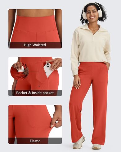 G4Free Wide Leg Pants Woman Yoga Pants with Pockets Loose Casual Stretch Sweatpants (Dark Navy,M,29") in Kuwait