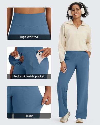 G4Free Wide Leg Pants Woman Yoga Pants with Pockets Loose Casual Stretch Sweatpants (Dark Navy,M,29") in Kuwait
