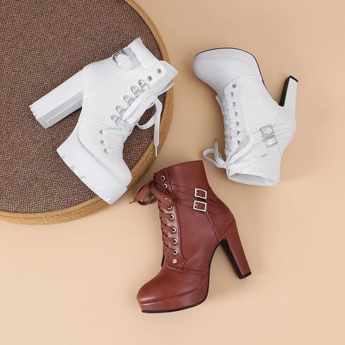 Susanny Steampunk Goth Harley Boots Womens Black High Heeled Combat Boots Gothic Leather Shoes Mid Calf Motorcycle Punk Booties 7.5 in Kuwait