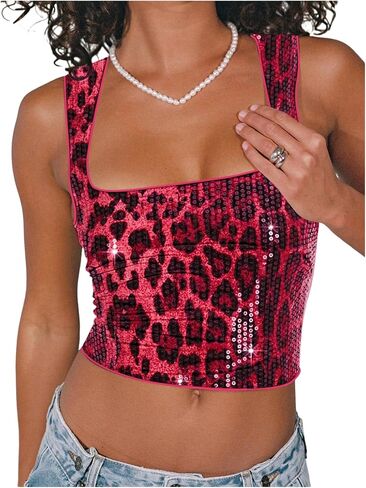 SOLY HUX Women’s Leopard Sequin Tank Top Square Neck Diveless Y2K Cheetah Print Brucs Tops in Saudi Arabia