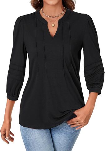 Rooscier Women's Pleated 3/4 Sleeve Notch V Neck Loose Fit Business Casual Tunic Tops Blouses Shirt in Saudi Arabia