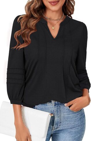 Rooscier Women's Pleated 3/4 Sleeve Notch V Neck Loose Fit Business Casual Tunic Tops Blouses Shirt in Saudi Arabia