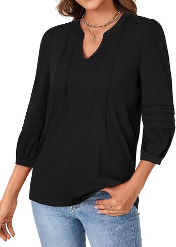Rooscier Women's Pleated 3/4 Sleeve Notch V Neck Loose Fit Business Casual Tunic Tops Blouses Shirt in Saudi Arabia