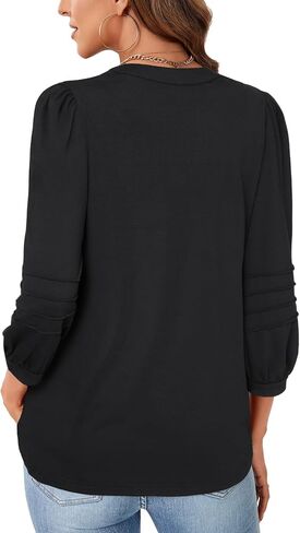 Rooscier Women's Pleated 3/4 Sleeve Notch V Neck Loose Fit Business Casual Tunic Tops Blouses Shirt in Saudi Arabia