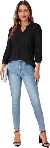 Rooscier Women's Pleated 3/4 Sleeve Notch V Neck Loose Fit Business Casual Tunic Tops Blouses Shirt in Saudi Arabia