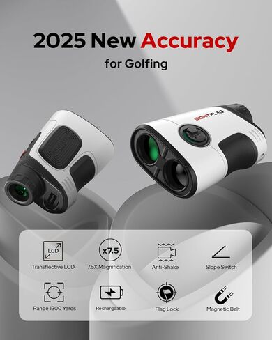 جهاز تحديد نطاق الجولف GF2 مع منحدر، جهاز تحديد نطاق الليزر بطول 1300 ياردة للجولف والصيد، تكبير 7.5X، اهتزاز قفل عمود العلم، ملحقات جولف مغناطيسية قابلة لإعادة الشحن in Kuwait