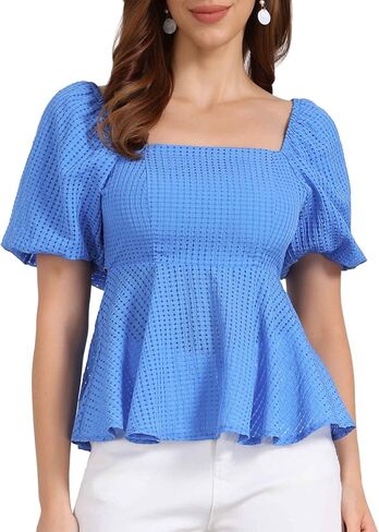 Allegra K Peplum Tops for Women Summer Square Neck Puff Short Sleeve Blouse Casual Smocked Top in Kuwait