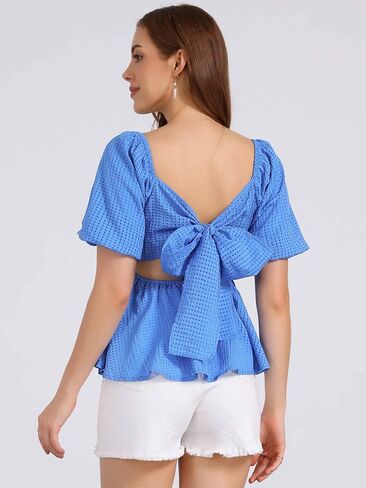Allegra K Peplum Tops for Women Summer Square Neck Puff Short Sleeve Blouse Casual Smocked Top in Kuwait