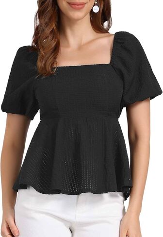 Allegra K Peplum Tops for Women Summer Square Neck Puff Short Sleeve Blouse Casual Smocked Top in Saudi Arabia