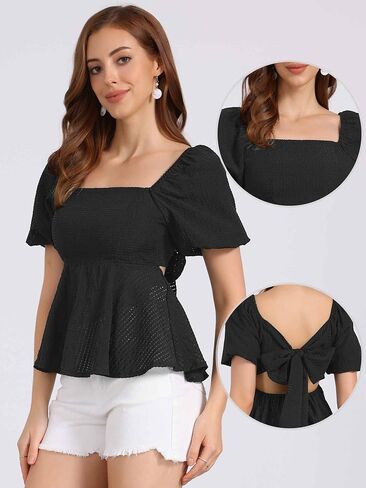 Allegra K Peplum Tops for Women Summer Square Neck Puff Short Sleeve Blouse Casual Smocked Top in Saudi Arabia