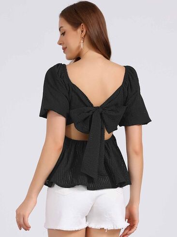 Allegra K Peplum Tops for Women Summer Square Neck Puff Short Sleeve Blouse Casual Smocked Top in Saudi Arabia