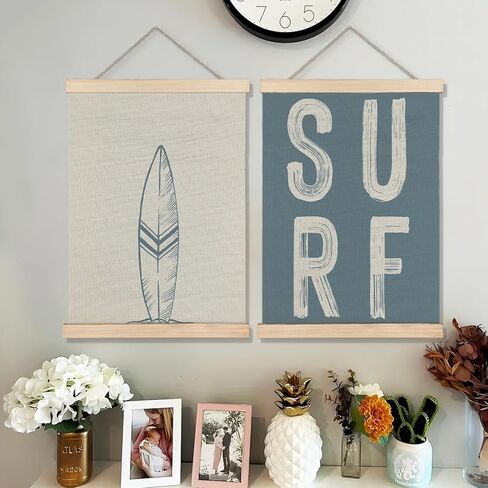BearCake Surf Room Decor, Coastal Beach Surf Wall Art Poster Hanger Frame, Beach House Decor, Vintage Blue Surfboard Canvas Prints Framed Wall Decor for Home Bedroom Living Room, 12x16 Inch Set of 2 in Kuwait
