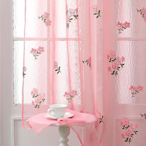Tegeme 2 Panels Pink Bow Sheer Curtains 84 Inches Long Embroidered Voile Curtains Decorative Coquettish Sheer Shades Pink Faux Linen Semi Window Decor for Home Party Office in Saudi Arabia
