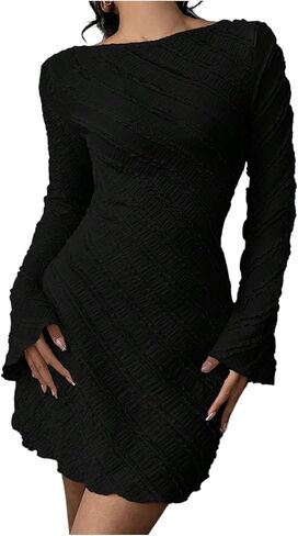Milumia Women's Textured Backless Long Bell Sleeve Mini Dress Boat Neck Lettuce Trim Short Dresse Going Out in Saudi Arabia