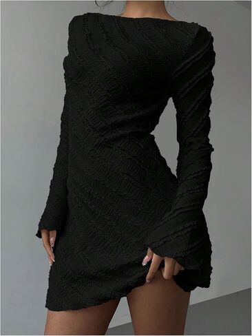 Milumia Women's Textured Backless Long Bell Sleeve Mini Dress Boat Neck Lettuce Trim Short Dresse Going Out in Saudi Arabia