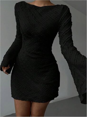 Milumia Women's Textured Backless Long Bell Sleeve Mini Dress Boat Neck Lettuce Trim Short Dresse Going Out in Saudi Arabia