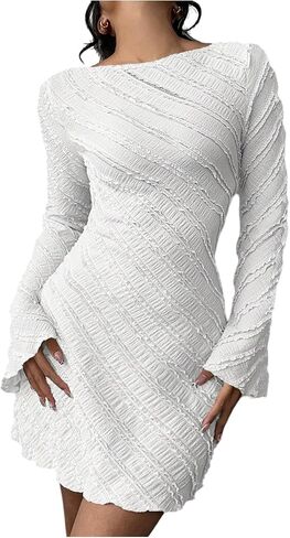 Milumia Women's Textured Backless Long Bell Sleeve Mini Dress Boat Neck Lettuce Trim Short Dresse Going Out in Saudi Arabia