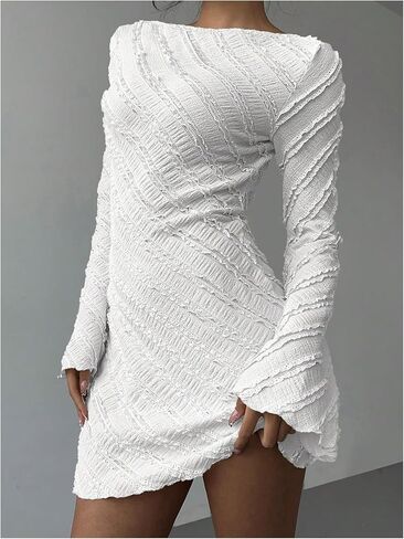 Milumia Women's Textured Backless Long Bell Sleeve Mini Dress Boat Neck Lettuce Trim Short Dresse Going Out in Saudi Arabia