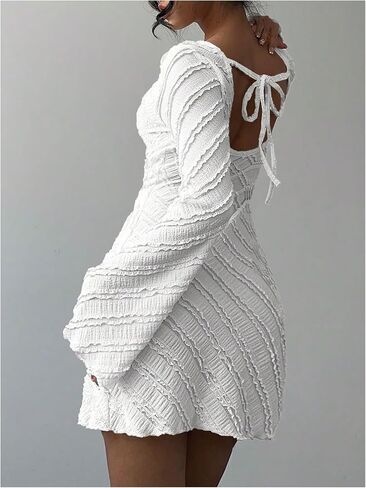 Milumia Women's Textured Backless Long Bell Sleeve Mini Dress Boat Neck Lettuce Trim Short Dresse Going Out in Saudi Arabia