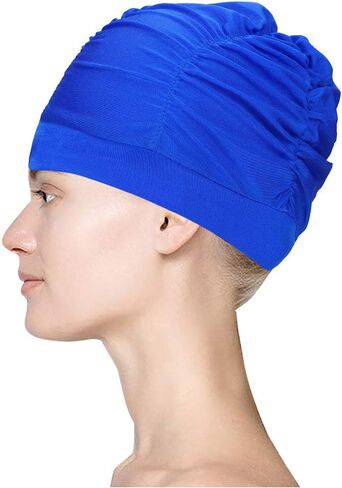 Fabric Swimming Cap for Women Pleated Swim Hat Breathable Bathing Shower Cap Solid Color Chemo Turban Hat in Saudi Arabia