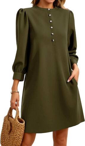 Wenrine Womens 3/4 Puff Sleeve Mini Dress Button Button Crewneck Elegant Disual Business Shift Dresses 2025 in Saudi Arabia