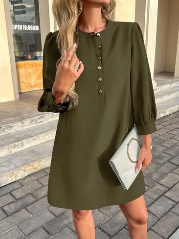 Wenrine Womens 3/4 Puff Sleeve Mini Dress Button Button Crewneck Elegant Disual Business Shift Dresses 2025 in Saudi Arabia