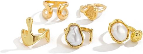 Chunky Gold Pearl Ring Set for Women Stackable Knuckle Rings Minimalist Statement Ring Set Adjustable Baroque Pearl Ring Sets Bridal Party Wedding Accessories in Kuwait
