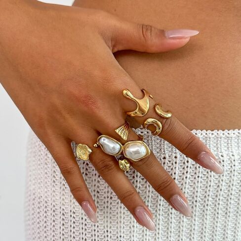 Chunky Gold Pearl Ring Set for Women Stackable Knuckle Rings Minimalist Statement Ring Set Adjustable Baroque Pearl Ring Sets Bridal Party Wedding Accessories in Kuwait