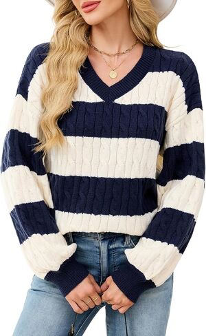 ZAFUL Fall Sweater for Women V Neck Lantern Sleeves Clothes Loose Fit Stripe Knitted Pullover Top 2025 in Saudi Arabia