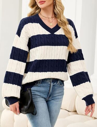 ZAFUL Fall Sweater for Women V Neck Lantern Sleeves Clothes Loose Fit Stripe Knitted Pullover Top 2025 in Saudi Arabia