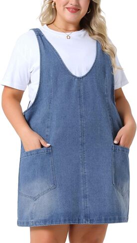 Agnes Orinda Plus Size Denim Overall Dress for Women Sleeveless V Neck Denim Jumper Dress with Pocket in Saudi Arabia