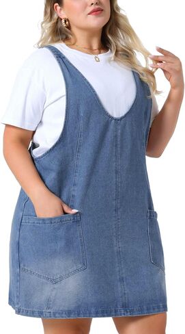 Agnes Orinda Plus Size Denim Overall Dress for Women Sleeveless V Neck Denim Jumper Dress with Pocket in Saudi Arabia