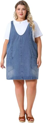 Agnes Orinda Plus Size Denim Overall Dress for Women Sleeveless V Neck Denim Jumper Dress with Pocket in Saudi Arabia