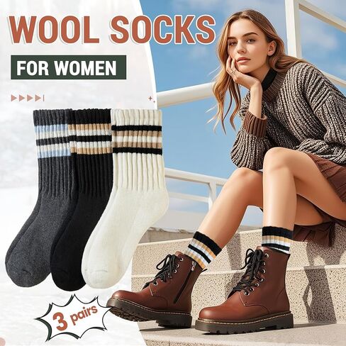 جوارب طويلة من صوف ميرينو للسيدات للشتاء الدافئ الحراري للمشي لمسافات طويلة، جوارب عمل سميكة ومريحة، 3 أزواج in Kuwait