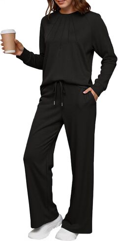 Glamaker Women's 2 Piece Lounge Sets Travel Airport Outfits Pleated Sweatshirts Wide Leg Tracksuit Matching Sweatsuits in Saudi Arabia